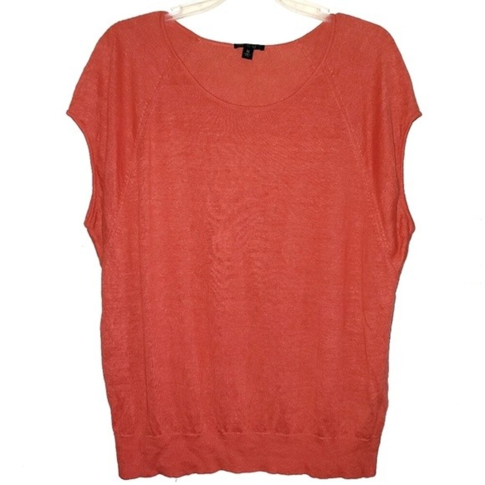 LaFayette 148 100% Linen Knit Scoop Neck Relaxed Fit Cap Sleeve Orange Top Med
